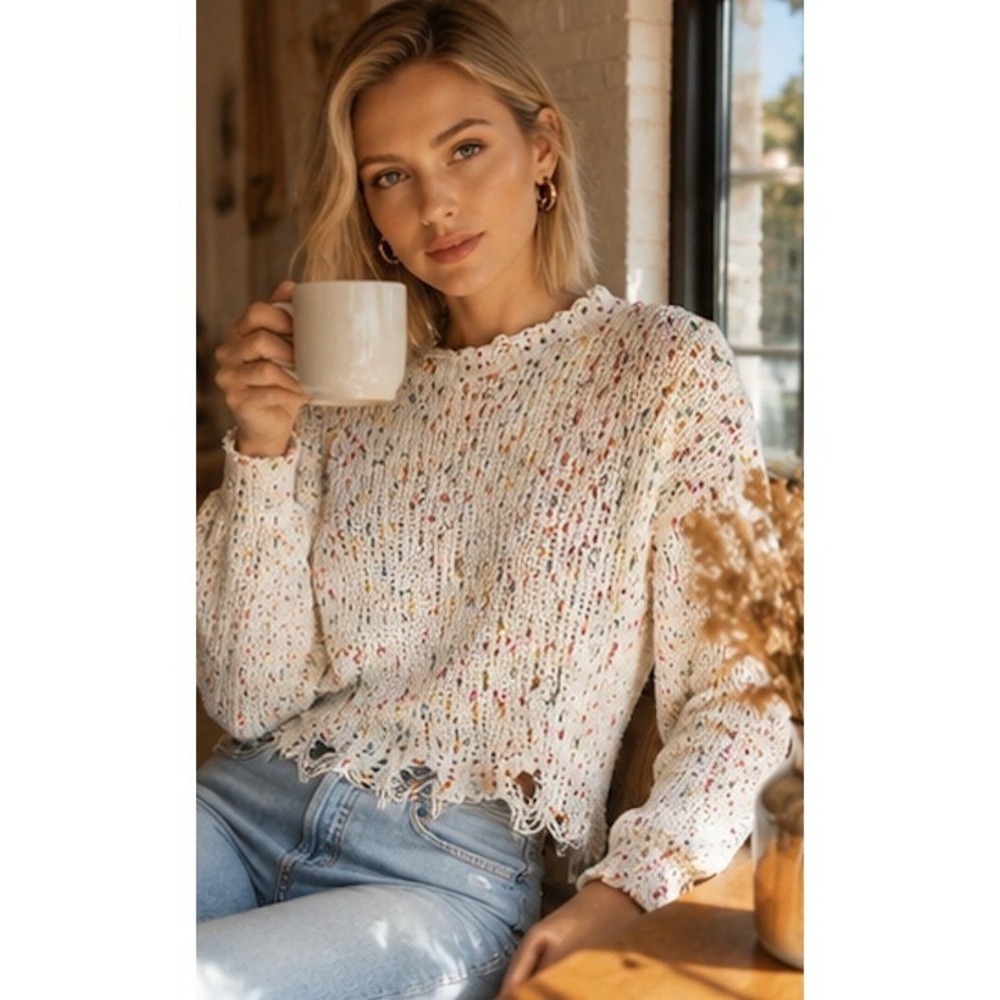 Tularosa Sweater Womens XS Cream Confetti Distressed Boho Revolve